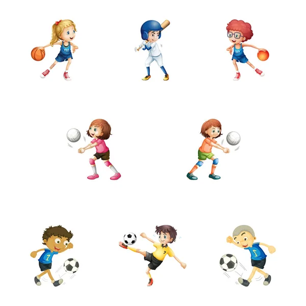 Διανυσματική Απεικόνιση Του Χαρακτήρα Παιδί Παίζει Ποδόσφαιρο Βόλεϊ Μπέιζμπολ Μπάσκετ — Διανυσματικό Αρχείο