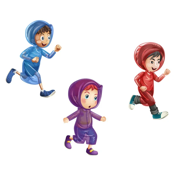 Vektor Illustration Der Kinderfigur Die Mit Regenmantel Spielt — Stockvektor