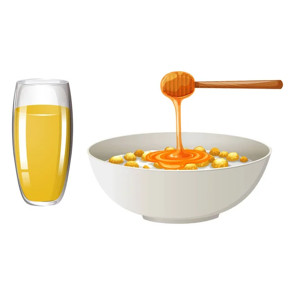 Una Ciotola Cibo Mescolato Con Miele Bicchiere Bevanda All Arancia — Vettoriale Stock