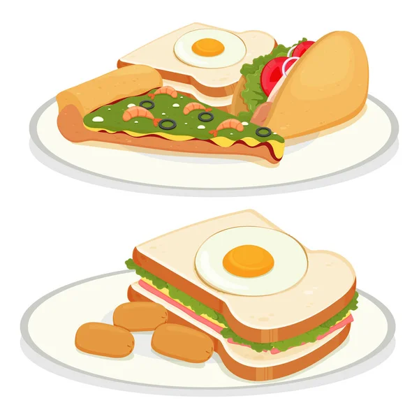 サンドイッチにオムレツソーセージピザスライスベクトルイラスト — ストックベクタ