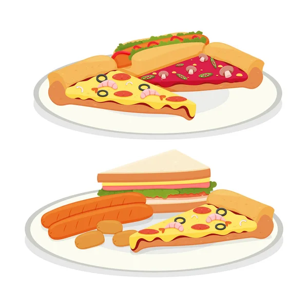 Sanduíche Salsicha Fatia Pizza Ilustração Vetorial — Vetor de Stock