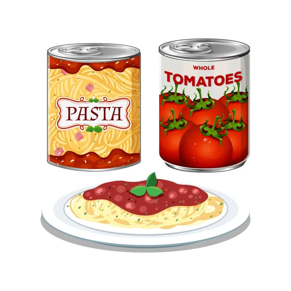 缶詰のパスタとトマトの包装 — ストックベクタ