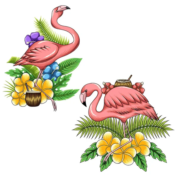 Sommer Flamingo Storch Tropische Blumen Und Blätter — Stockvektor