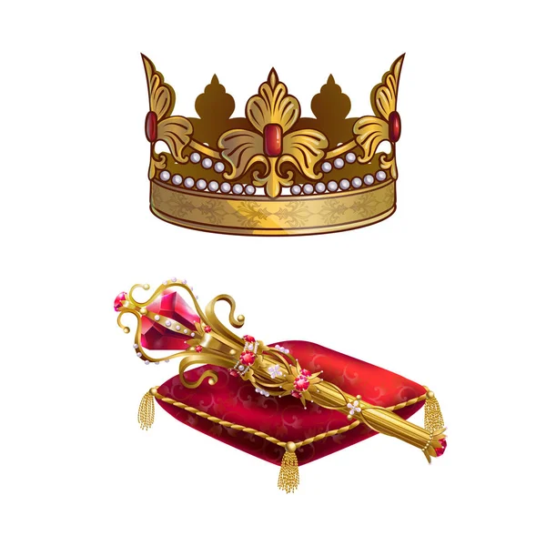 Royal Scepter Golden Crown Gems Red Velvet Pillow — Stock Vector