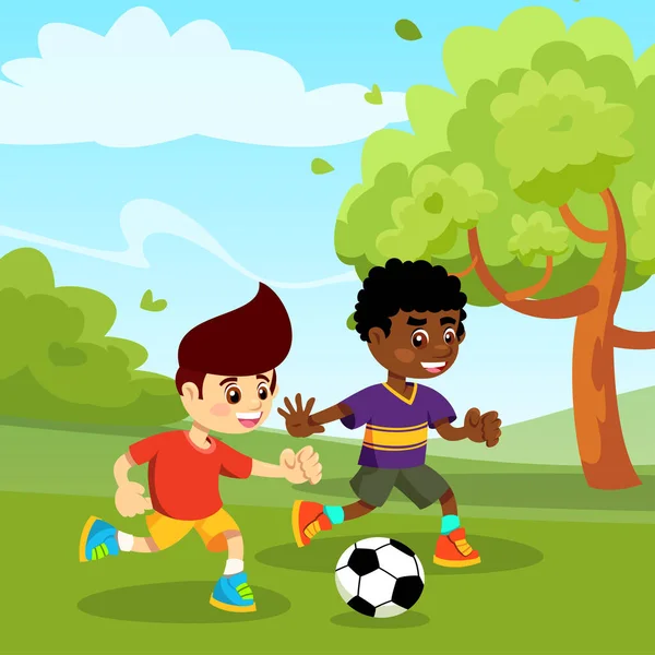 Ilustración Vectorial Niños Jugando Fútbol Parque — Vector de stock