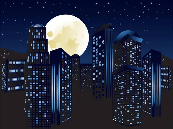 Cidade Vista Vetor Ilustração Com Lua Estrelas Metro Noite — Vetor de Stock