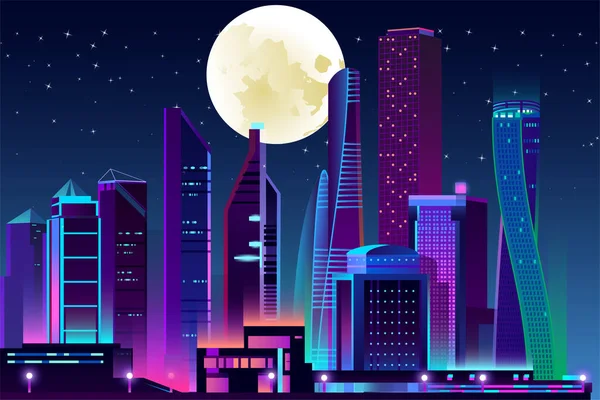 Cidade Vista Vetor Ilustração Com Lua Estrelas Metro Noite —  Vetores de Stock