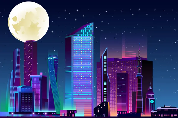 Widok Miasto Wektor Ilustracja Księżyca Gwiazd Nocy Metra — Wektor stockowy