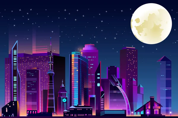 Zobrazení Města Vektorové Ilustrace Měsícem Hvězdami Noci Metro — Stockový vektor