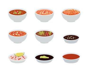 Kırmızı biberli, sarımsaklı, tuzlu, soya soslu, hardallı, düz vektör çizimi. Balık sosu klipsi. Asya yemekleri. Asya mutfağı