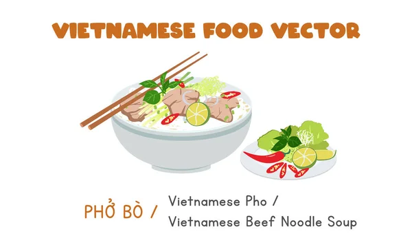 Vietnamský Pho Plochý Vektor Vietnamský Hovězí Nudle Polévka Kliparty Karikatura — Stockový vektor
