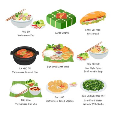 Vietnamese Food vector set. Set of famous dishes in Vietnam flat vector illustration, clipart cartoon. Banh Mi, Pho, Bun Cha, Banh Chung. Asian food. Vietnamese cuisine. Vietnamese foods vector design clipart