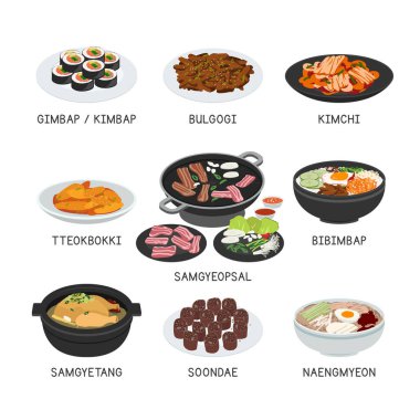 Korean Food vector set. Set of famous dishes in Korea flat vector illustration, clipart cartoon. Kimchi, Sundae, Tteokbokki, Bulgogi, Kimbap. Asian food. Korean cuisine. Korean foods vector design clipart