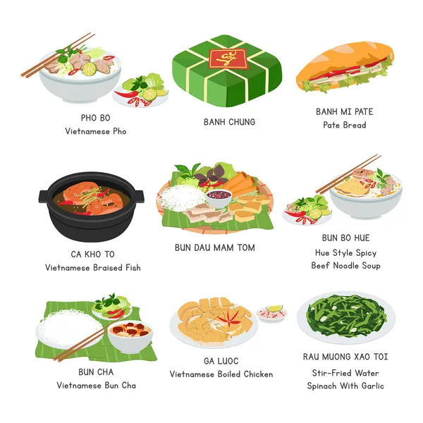 越南食品病媒集 一套越南名菜的平面矢量图解 部分卡通画 班美的 班的亚洲食物 越南菜 越南食品病媒设计 — 图库矢量图片