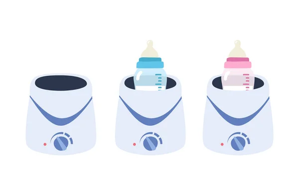 婴儿奶瓶保暖的一部分 简单可爱的电动婴儿奶瓶温暖扁平的病媒图解孤立 暖瓶卡通画风格 电暖器空置 带有喂食瓶载体 — 图库矢量图片