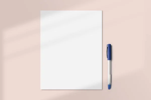 Blank Paper Pen Beige Background Realistic Paper Flatlay Mockup Pen — Stock Photo, Image