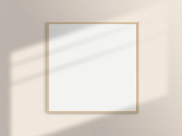 現実的な正方形の写真フレームのモックアップ ライトウィンドウの影のオーバーレイ効果とベージュの壁に正方形の木製フレームモックアップ シンプルでクリーンでモダンなミニマルなポスターフレームモックアップ — ストック写真