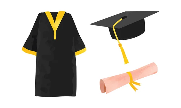 Conjunto Gorra Graduación Vestido Clipart Diploma Graduación Uniforme Acuarela Estilo — Vector de stock