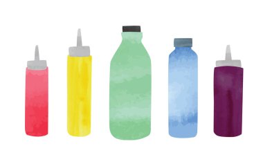 Mutfak plastik şişeleri toplanıyor. Sos şişesi suluboya, beyaz arka planda izole edilmiş vektör çizimi. Basit bir mutfak şişesi karikatürü.