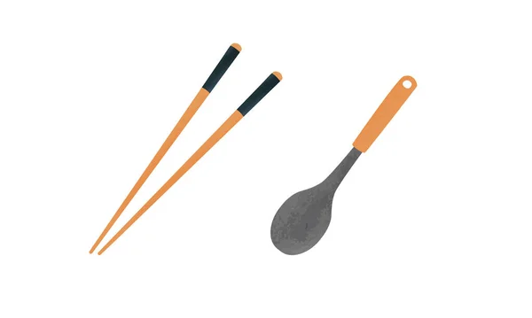 一套木制筷子和勺子 在白色背景上孤立的筷子和勺子水色矢量图解 竹竿亚洲传统烹饪卡通风格手绘 — 图库矢量图片