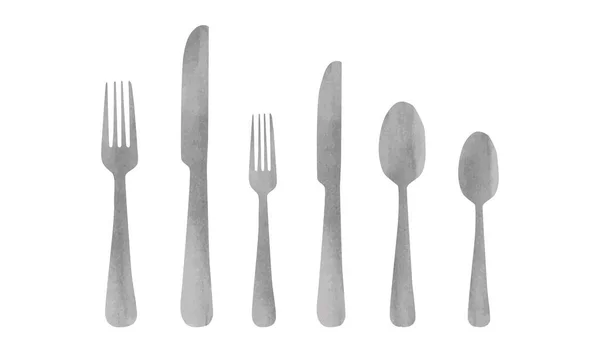 一套餐具的小集团 水彩画风格 简单的叉子 勺子和刀片矢量设计图解在白色背景上隔离 简约的餐具卡通画手绘 — 图库矢量图片