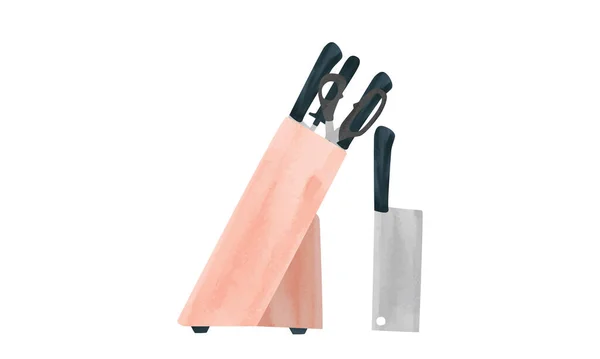 木製のナイフブロック水彩スタイル キッチンナイフブロックベクトルの設計図白の背景に隔離された シンプルなナイフブロッククリッパー 木製ブロック手描き漫画スタイルのナイフ — ストックベクタ