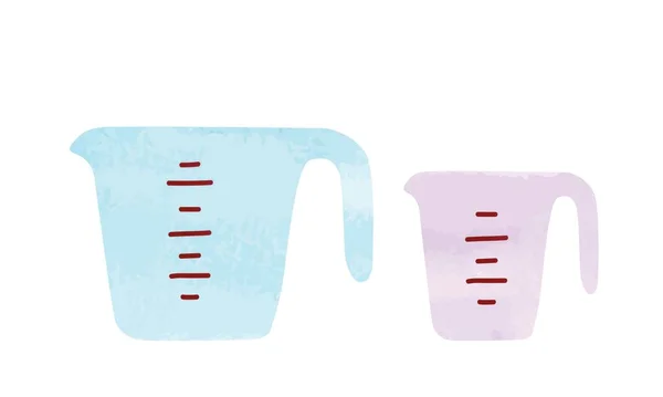 白い背景に隔離されたカップ水彩スタイルのベクトルイラストを測定キッチンセット 空のプラスチック製測定カップクリッパー カップ漫画のドアスタイルの描画の測定 — ストックベクタ