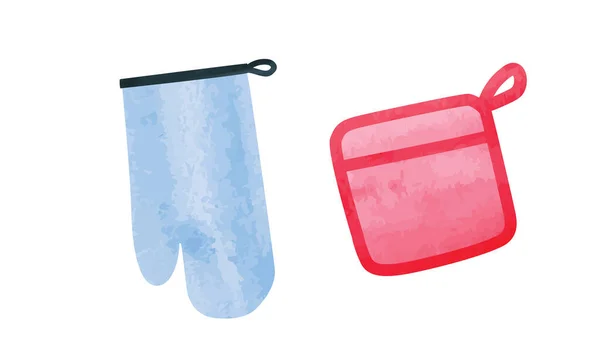 Set Potholder Kitchen Gloves Watercolor Style Vector Illustration Isolated White — Stock Vector