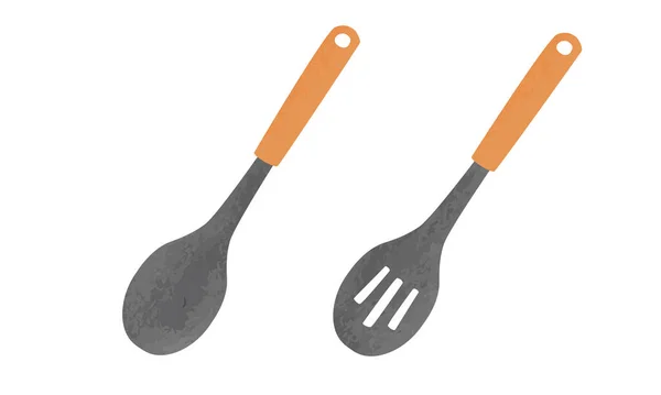 一套具有木制手柄水色风格的烹饪勺子 坚实的勺子和开槽的勺子斜向矢量在白色背景上孤立 厨房用具是厨房的一部分 手绘烹调工具 — 图库矢量图片