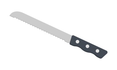Keskin ekmek bıçağı kırpma vektör çizimi. Plastik saplı ekmek bıçağı düz vektör tasarımı. Tırtıklı ekmek bıçağı simgesi. Ekmek bıçağı karikatürü. Mutfak konsepti sembolü