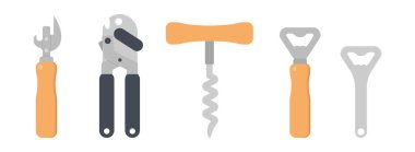 Şişe açacağı Clipart vektör çizimi. Konserve açacağı, şişe açacağı kapağı ve tirbuşon düz vektör tasarımı. Açılış simgesi. Şişe açılışları çizgi film klibi. Ev mutfağı.
