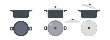Yemek tenceresi ikonu Clipart vektör çizimi seti. Mutfak kabı ya da güveç kabı düz vektör tasarımı. Kapak simgesi olsun ya da olmasın tencereyi pişirmek. Paslanmaz çelik tencere karikatürü. Mutfak aracı konsepti