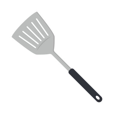 Mutfak spatulası Clipart vektör çizimi. Leke spatula düz vektör tasarımı. Mutfak spatula ikonu beyaza izole edilmiş. Plastik saplı metal spatula. Mutfak konsepti sembolü