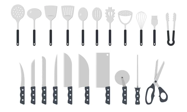 Набор Кухонной Утвари Клипарт Векторной Иллюстрации Кухонные Инструменты Пластиковой Ручкой — стоковый вектор