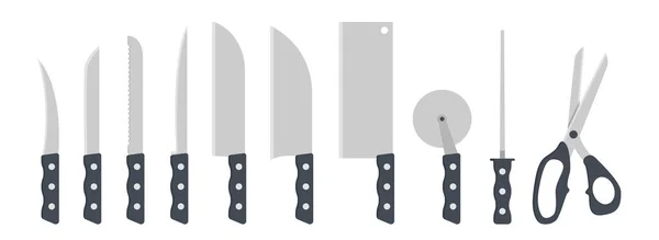 一套厨房刀具斜面矢量图解 带塑料手柄平面设计的刀具 采购产品皮 切菜刀 披萨刀 厨房概念图标标志 — 图库矢量图片