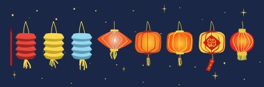 Renkli fener seti yükseliyor. Gece yıldızlı gökyüzüne fener vektör tasarımı çizimi asılıyor. Sonbahar ortası Festivali, Ay Festivali veya Ay Festivali fenerleri çizgi film tarzı koleksiyonu
