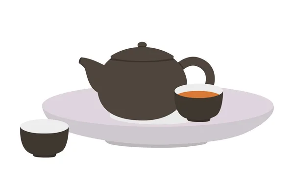 Schwarzer Tee Set Clipart Vorhanden Chinesische Braune Teekanne Und Teetassen — Stockvektor