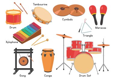 Perküsyon ailesi müzik enstrümanları vektör tasarımı beyaz arka planda izole edilmiş. Perküsyon klipsi. Davul, tef, ziller, marakas, ksilofon, üçgen, gong, davul seti.