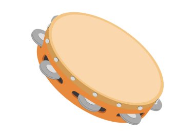 Tambourine vector design. Wooden tambourine flat style vector illustration isolated on white background. Tambourine clipart. Tambourine percussion family icon. Hand percussion clipart