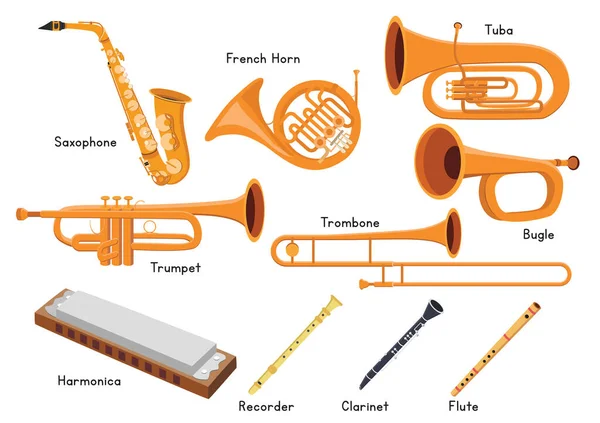 Rüzgâr Müzik Aletleri Vektör Tasarımı Saksafon Trompet Fransız Kornosu Tuba — Stok Vektör