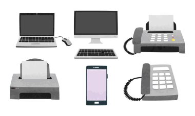 Ofis ekipmanı seti. Basit dizüstü bilgisayar, monitör, klavye, bilgisayar faresi, faks makinesi, yazıcı, akıllı telefon ve telefon suluboya tarzı vektör çizimi. Ofis aletleri çizgi film tarzı