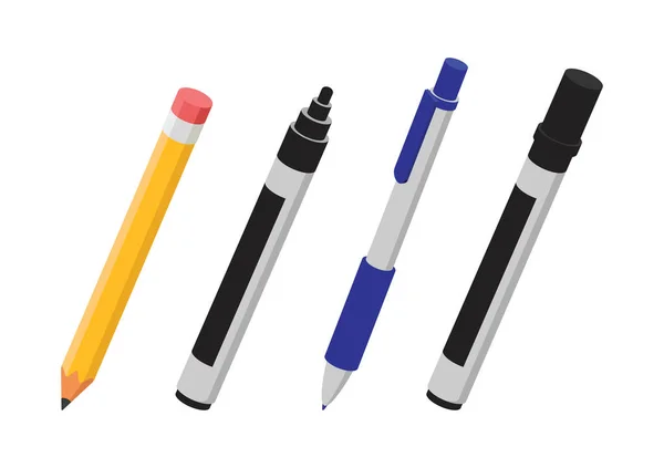 Stifte Setzen Vektor Design Bleistift Kugelschreiber Und Marker Isometrische Vektordarstellung — Stockvektor