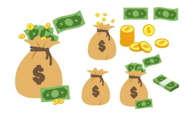 Dolar işaretli para çantası. Clipart vektör tasarımı çizimi. Basit para çantası, banknotlar ve sikkeler düz simge karikatür tarzı. Para, banknot, yatırım, finans, zenginlik, bütçe kavramı