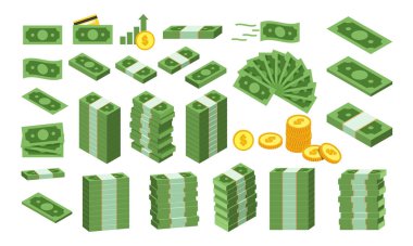 Büyük set çeşitli para clipart vektör tasarım illüstrasyonu. Basit ambalajlar, kümeler, yelpaze şekilli yeşil para banknotları dolar ve sarı altın sikkeler düz simge çizgi film tarzı. Finans kavramı