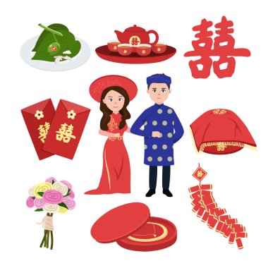 Vietnam geleneksel düğün vektörü seti. Vietnam 'da düğün törenleri çizgi filmlerdeki gibi düz. Gelin, damat, betel yaprağı, areca nut, çifte mutluluk işareti, çeyiz, nişan hediyesi kutusu, buket