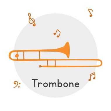 Altın trombon klipli çizgi film stili. Basit, şirin trombon pirinç müzik aleti düz vektör illüstrasyonu. Pirinç enstrüman trombon el karalama stili. Rüzgar enstrümanı vektör tasarımı