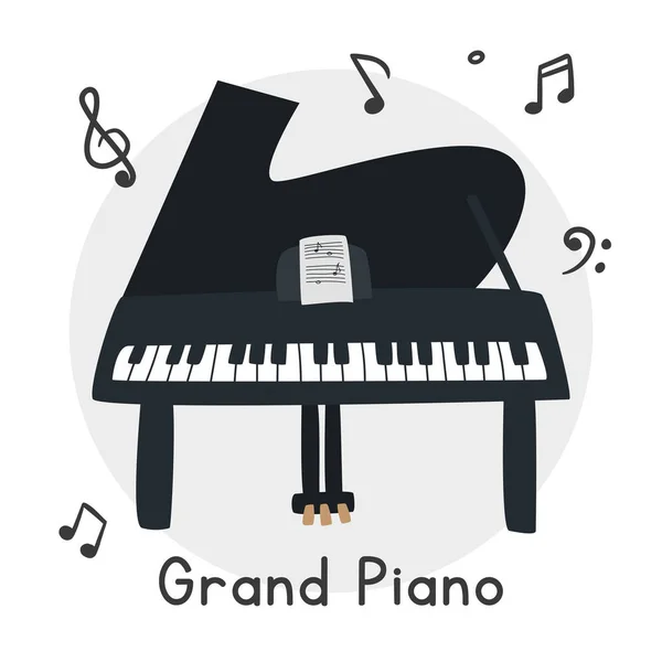 グランドピアノクリッパー漫画スタイル 音楽シートフラットベクトルイラストとシンプルなかわいいグランドピアノ キーボード楽器グランドピアノ手のドアスタイルを描いた グランドピアノベクトルデザイン — ストックベクタ