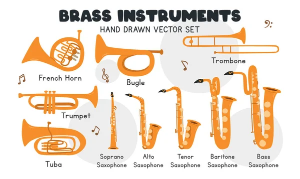 Ensemble Vectoriel Instruments Laiton Simple Trompette Mignonne Clairon Trombone Tuba — Image vectorielle