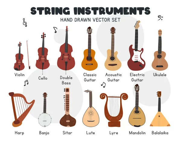 Набор Векторов Струнных Инструментов Simple Cute Violin Cello Double Bass — стоковый вектор