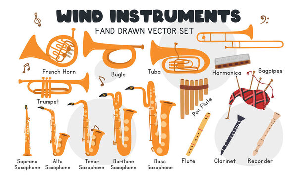 Wind instruments vector set. Simple cute trumpet, bugle, trombone, tuba, saxophone, french horn, clarinet, recorder, bagpipes clipart cartoon style. Wind instrument trumpet hand drawn doodle style